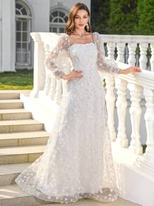 UNITHORSE Váy cưới trang trọng thanh lịch cổ vuông hở lưng tay công chúa đuôi cá cạp cao họa tiết lưới hoa cho cô dâu, trang phục dự tiệc toàn màu trắng dành cho nữ - trắng - Xem 5