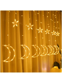 1pc 138 LEDs 3.5*0.8m USB 8 Modes Star & Moon Shaped Curtain Light, For Wedding Engagement Proposal Home Garden Holiday Indoor Outdoor Yard Decor