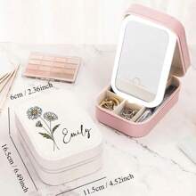 Personalized Birth Flower Leather Jewelry Box With LED Four-Color Makeup Mirror, Travel Portable Jewelry Storage Box, Essential Birthday Gift, Multi-Functional Makeup Box - Multicolor - View 3