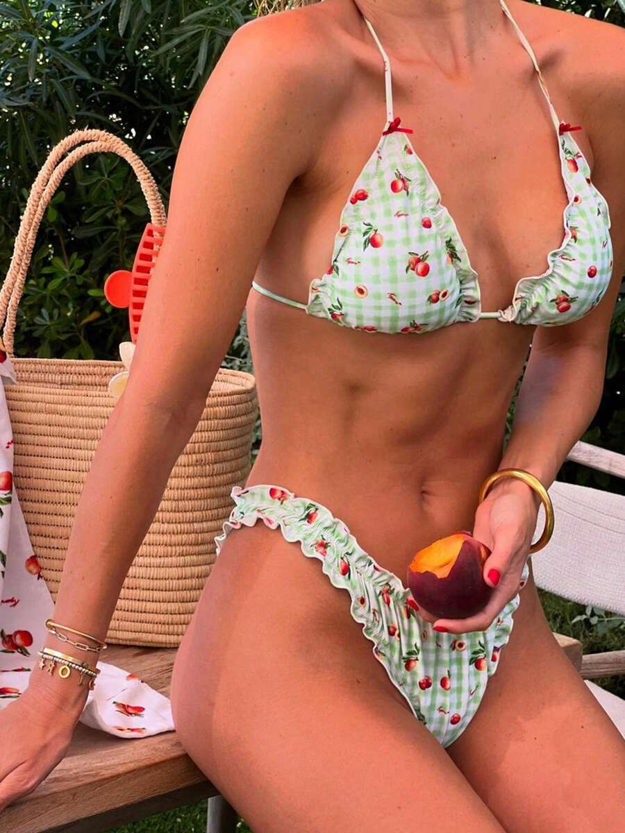 Women's Two Piece Bikini Set Lemon Print Halter Neck Back Tie Up Frill Triangle Bikini Swimsuit Bathing Suit - 薄荷綠 - 查看 1