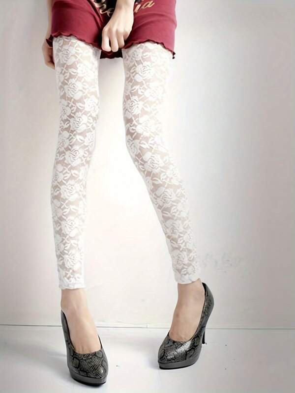 Women Summer Leggings, Solid Color Floral Lace Sheer Long Elastic Band High Waist Pants, Vintage Slim-Fit Wild Fashion Bottoms