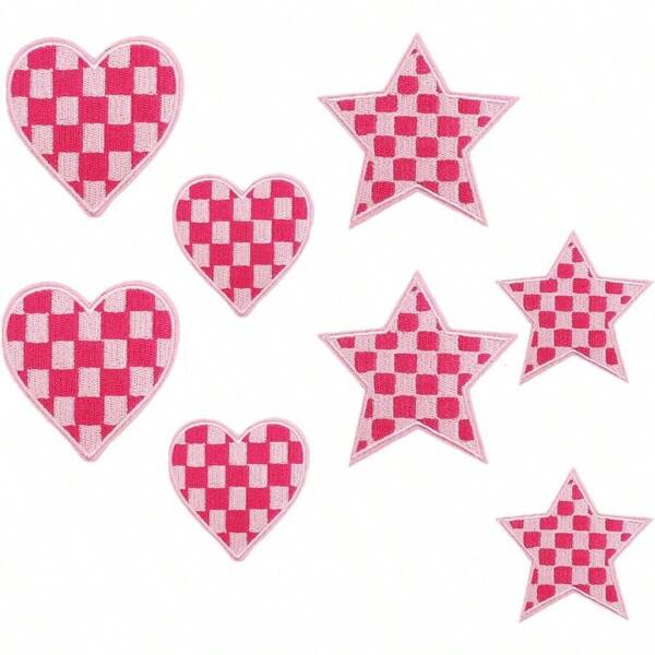 8 peças de remendos de coração xadrez bonitos remendos de ferro para roupas camiseta chapéu mochilas apliques de tecido bordado xadrez estrela costurar/passar decalques para decoração faça você mesmo