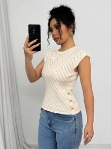 Women Solid Color Round Neck Hollow Casual Blouse, Everyday Wear