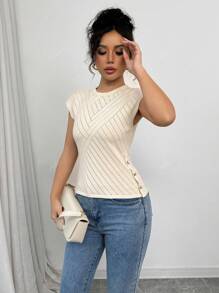 Women Solid Color Round Neck Hollow Casual Blouse, Everyday Wear