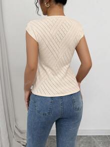 Women Solid Color Round Neck Hollow Casual Blouse, Everyday Wear