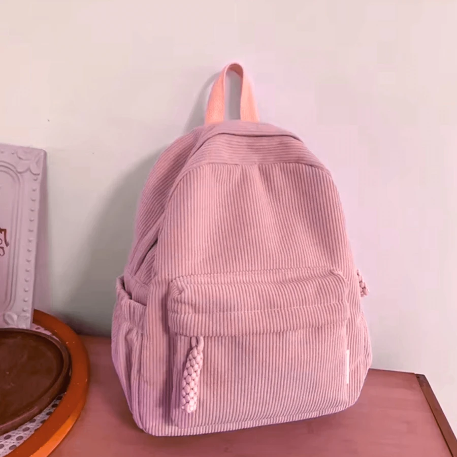 Women Corduroy Backpack Medium Fashion Casual College School Bag Girls Women Waterproof - 乾枯玫瑰色 - 查看 1