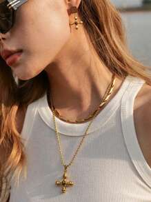 1 Collier pendentif de marque de luxe en acier inoxydable à la mode, style croisé européen et américain à la française avec pierre naturelle, idéal pour offrir à des amis - Doré - Voir 4