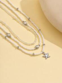 3pcs/Set Rice Bead & Faux Pearl Beaded Silver Starfish & Shell Necklace, Handmade Simple Beach Ocean Style Necklace For Women, Suitable For Daily Wear & Vacation - Starfish + Shells - View 4