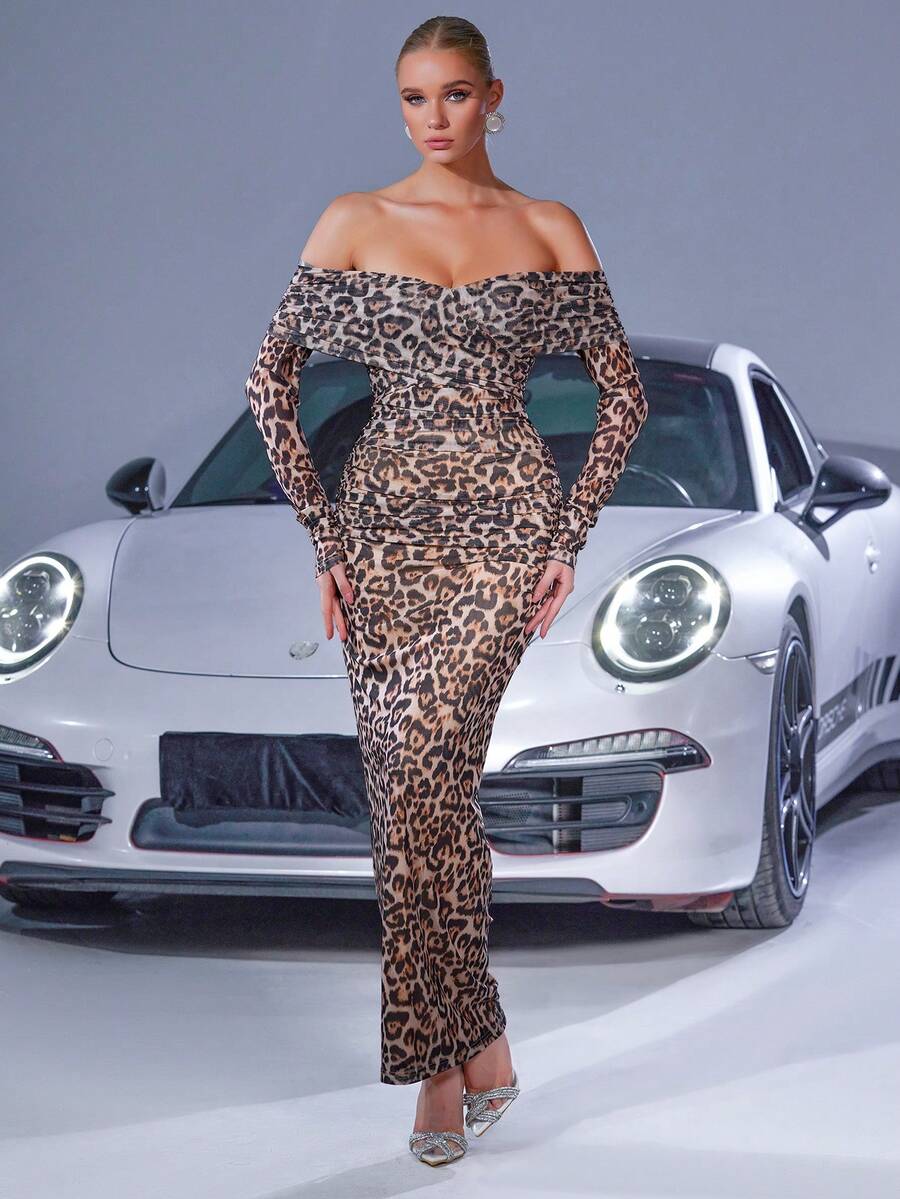 Sexy Leopard Print Off-Shoulder Ruched Fitted Long Sleeve Party Dress, Wedding Guest Dress, Formal Dress, Evening Dress - Multicolor - View 1