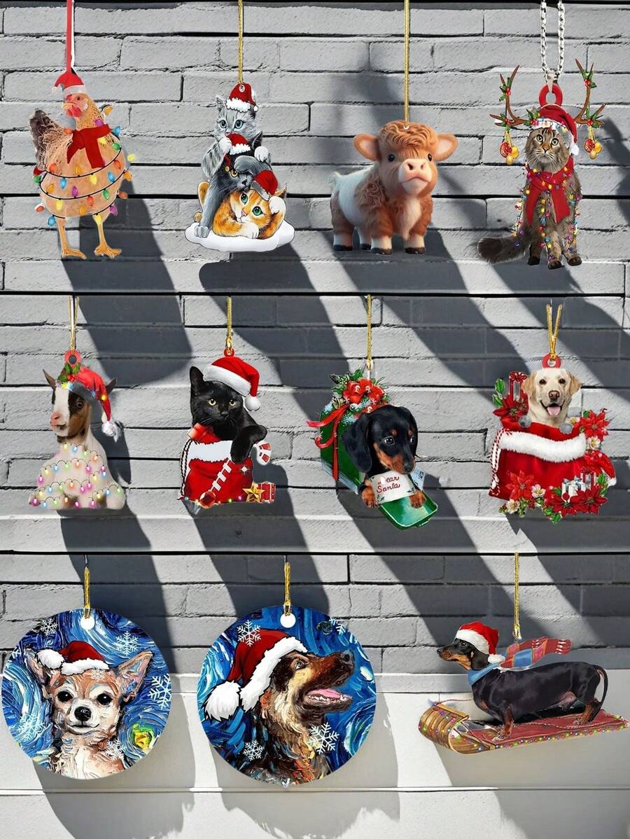1入組聖誕裝飾用品吊墜臘腸犬聖誕老人創意貓咪車懸掛吊墜家庭聖誕樹裝飾用品 - 黑色 - 查看 1