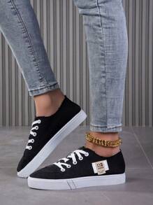 Tenis de mezclilla para mujer, Tenis planos de estilo retro, Calzado versátil para combinar, Tenis para uso diario, Las mujeres de color sólido zapatos de lona de moda, zapatos de lona blanca, resbalón en los zapatos, de moda matchy-matchy zapatillas planas - Blanco y Negro - Ver 3