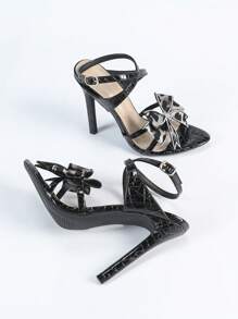 Women's Peep Toe Leopard Print Butterfly Flower Criss-Cross Strappy Black High Heeled Sandals, Sexy & Stylish For Party, Banquet