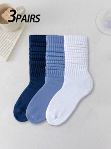 多双女士中筒袜，白色和蓝色罗纹袜，适合返校、开斋节、睡衣搭配，柔软舒适吸湿排汗，时尚休闲百搭