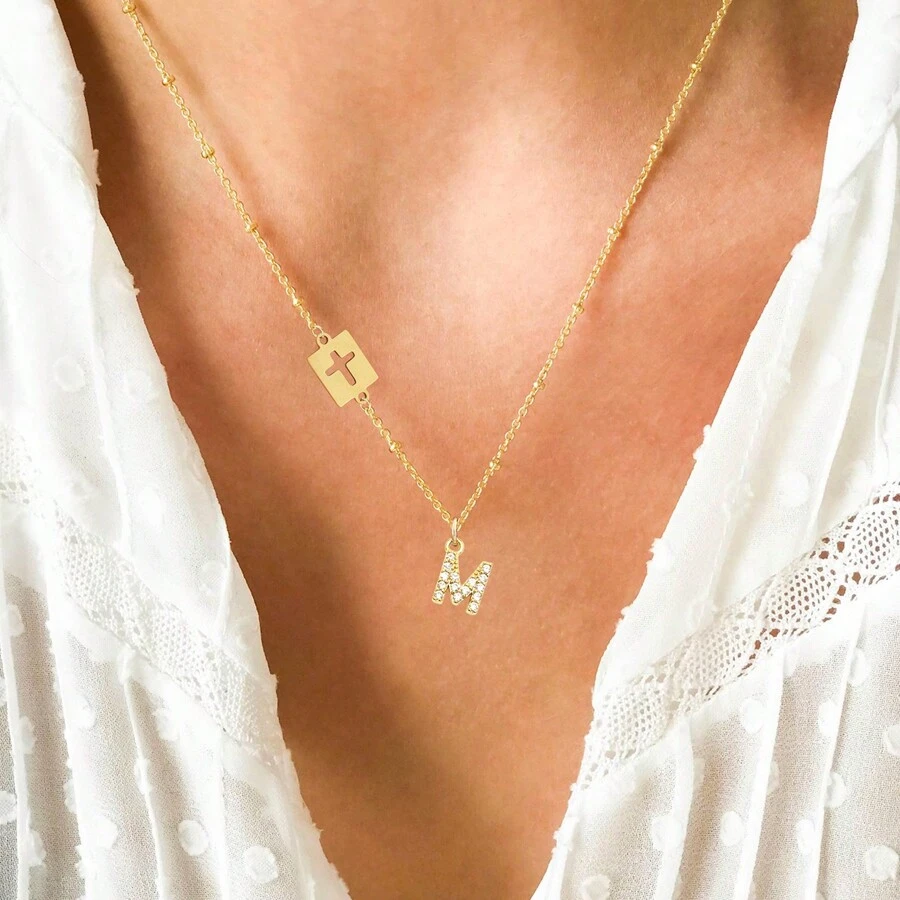 1 件简约复古矩形空心密镶锆石字母吊坠金色不锈钢珠链项链女式