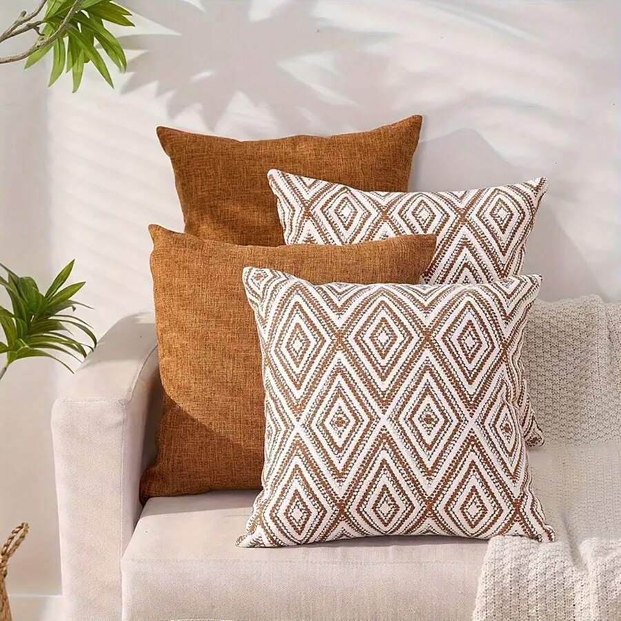 4pcs Bohemian Style Sofa/Bed Headboard Cushion Covers, Soft Printed Linen Throw Pillow Cases, 45x45cm, Without Pillow Insert, Simple Gift, Sofa Cushion, Star Pattern, Decorative, Easy To Use, Pillow, Sofa Pillow, Home Decor - Dark Brown - View 1