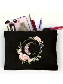Golden Letter Floral Makeup Tote Bag - Black Polyester Zipper Bag, First Letters A-Z For Teacher Appreciation And Bridesmaid Gifts, Large Reusable Travel Storage Box, Women's Simple Large Capacity Travel Makeup Bag - Black - View 26