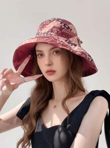 LEAJOURNO. 1pc Reversible Floral Print Sun Hat, Women Spring Summer Large Brimmed Polyester Bucket Hat With Bendable Wire Frame For UV Protection
