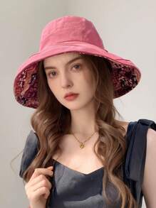 LEAJOURNO. 1pc Reversible Floral Print Sun Hat, Women Spring Summer Large Brimmed Polyester Bucket Hat With Bendable Wire Frame For UV Protection