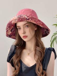LEAJOURNO. 1pc Reversible Floral Print Sun Hat, Women Spring Summer Large Brimmed Polyester Bucket Hat With Bendable Wire Frame For UV Protection