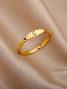 1pc European And American Style Simple Fashion Gold Stainless Steel Alphabet Ring For Men And Women, Daily Wear - Yellow Gold - View 4