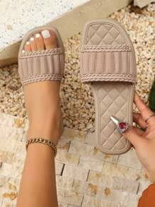 女士时尚厚底编织露趾拖鞋、舒适休闲沙滩凉鞋、家居拖鞋