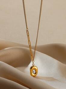 1 pieza Collar de cadena de suéter de acero inoxidable con corazón geométrico cuadrado de perla y circonita en estilo vintage europeo y americano, accesorio de joyería de lujo para hombres y mujeres como regalo