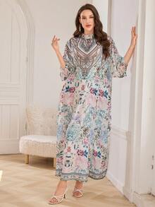 Plus Size Loose Rhinestone Printed Long Robe Dress, Turkish Traditional Kaftan & Arabic Style Abaya, Modest - Multicolor - View 4