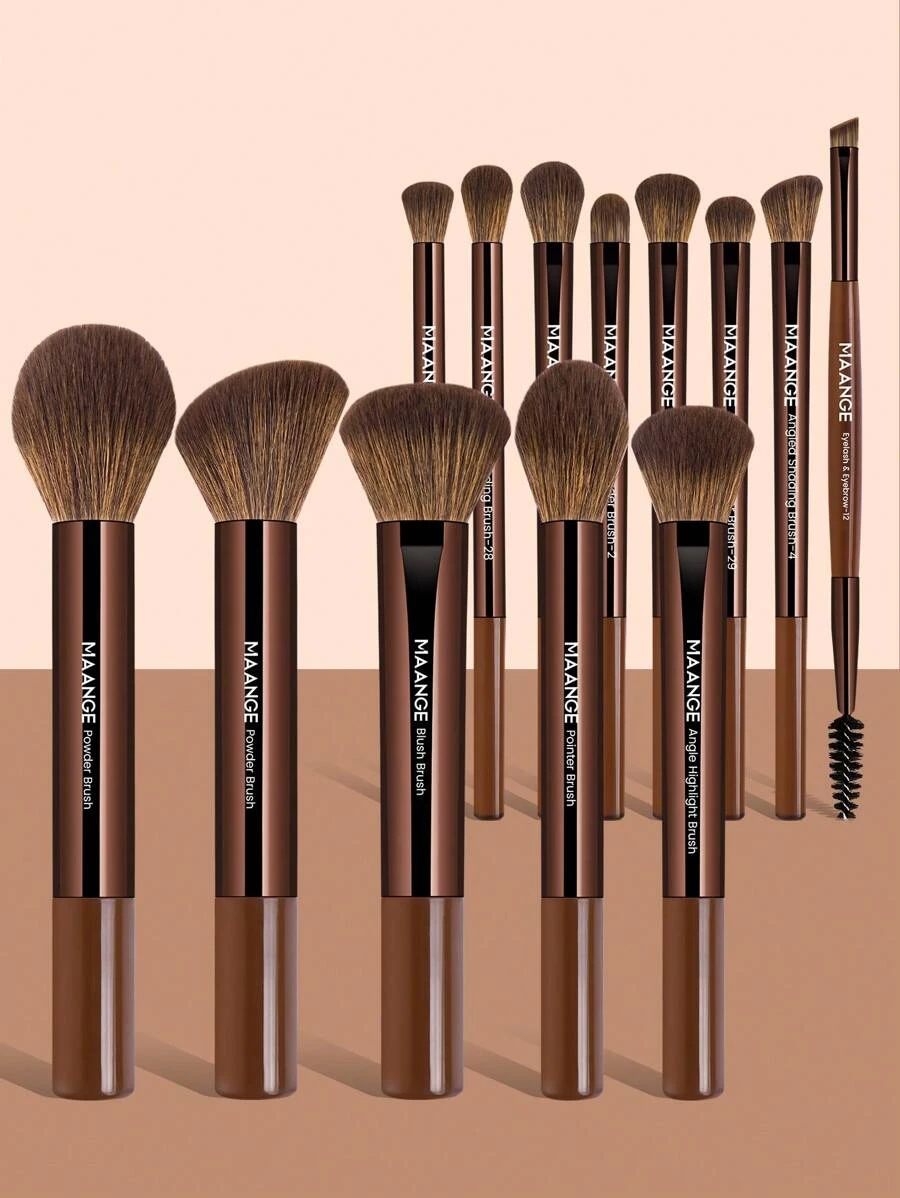 MAANGE 13Pcs Professional Soft Long Tube Makeup Brush Set,Powder Brush Contour Brush Blush Brush Foundation Brush Highlight Brush Eyeshadow Brush Shadow Brush Concealer Brush Blending Brush Eyebrow&Eyelash Brush,Makeup Tools With Soft Fiber For Easy To Carrying,Set For Travel,Gift For Women&Girls - 咖啡棕 - 查看 1