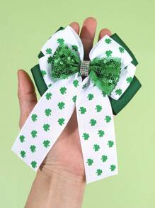 1pc St. Patrick's Day Green Clover Print Bow Hair Clip, Double-Layer Ribbed Ribbon Rhinestone Sequin Decor Hair Accessory For Teens - Multicolor - View 4