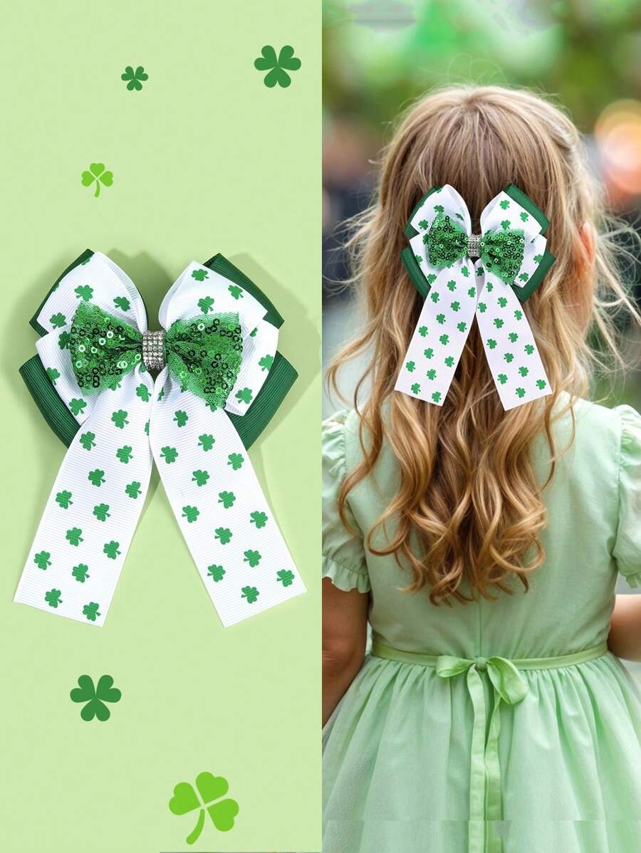 1pc St. Patrick's Day Green Clover Print Bow Hair Clip, Double-Layer Ribbed Ribbon Rhinestone Sequin Decor Hair Accessory For Teens - Multicolor - View 1