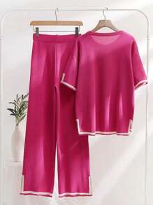 Conjunto de suéter de Punto de 2 Piezas para Mujer,Conjunto de camiseta y pantalón de manga larga con dobladillo acanalado para mujer, Suéter de Punto de Mangas Cortas, sin Botones,Cintura elástica, pantalones de descanso - Rosa Fucsia - Ver 5