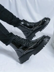Giày bốt da cao cổ nam, bốt cổ ngắn buộc dây bóng bẩy thời trang. - màu đen - Xem 5