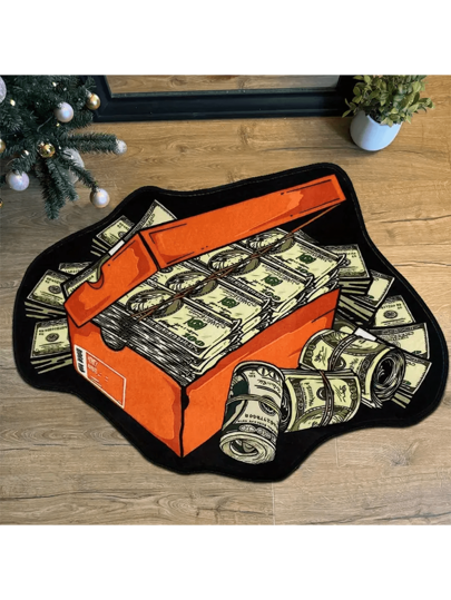 Tapete exclusivo com padrão de nota de dólar com design personalizado de 1 unidade, tapete de dinheiro que atrai riqueza, 1 caixa cheia de tapete multifuncional elegante com tema USD para sala de estar, quarto, entrada, cozinha, banheiro, sala de jogos, escritório - lavável e antiderrapante