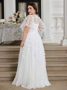 UNITHORSE 加大码女式圆领花瓣袖奢华花卉装饰拼接褶边优雅白色婚纱礼服，全白派对装女士 - 白色 - 查看 2