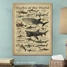 Shark Species Wall Art Poster 1PC - Vintage Ocean Canvas Posters For Home & Office Decor, Optional Frame Educational Marine Life Illustration, Ideal For Bedroom Decor, Living Room Decor, Classroom Decor- Perfect Gift For Sea Life Enthusiasts , Wall Art With Frame