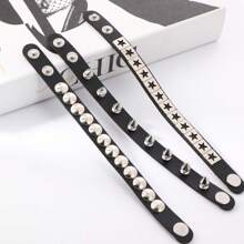 3 Pieces Of Punk-Style Leather Bracelets With Studs - Gothic Spiked Cuff Bracelets - 80s-Inspired Riveted Wristbands Accessories