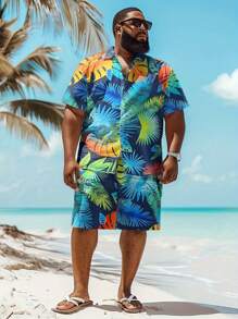1 Set Plus Size Men's Digital Print Shirt And Shorts Set, Casual Beach Outfit
