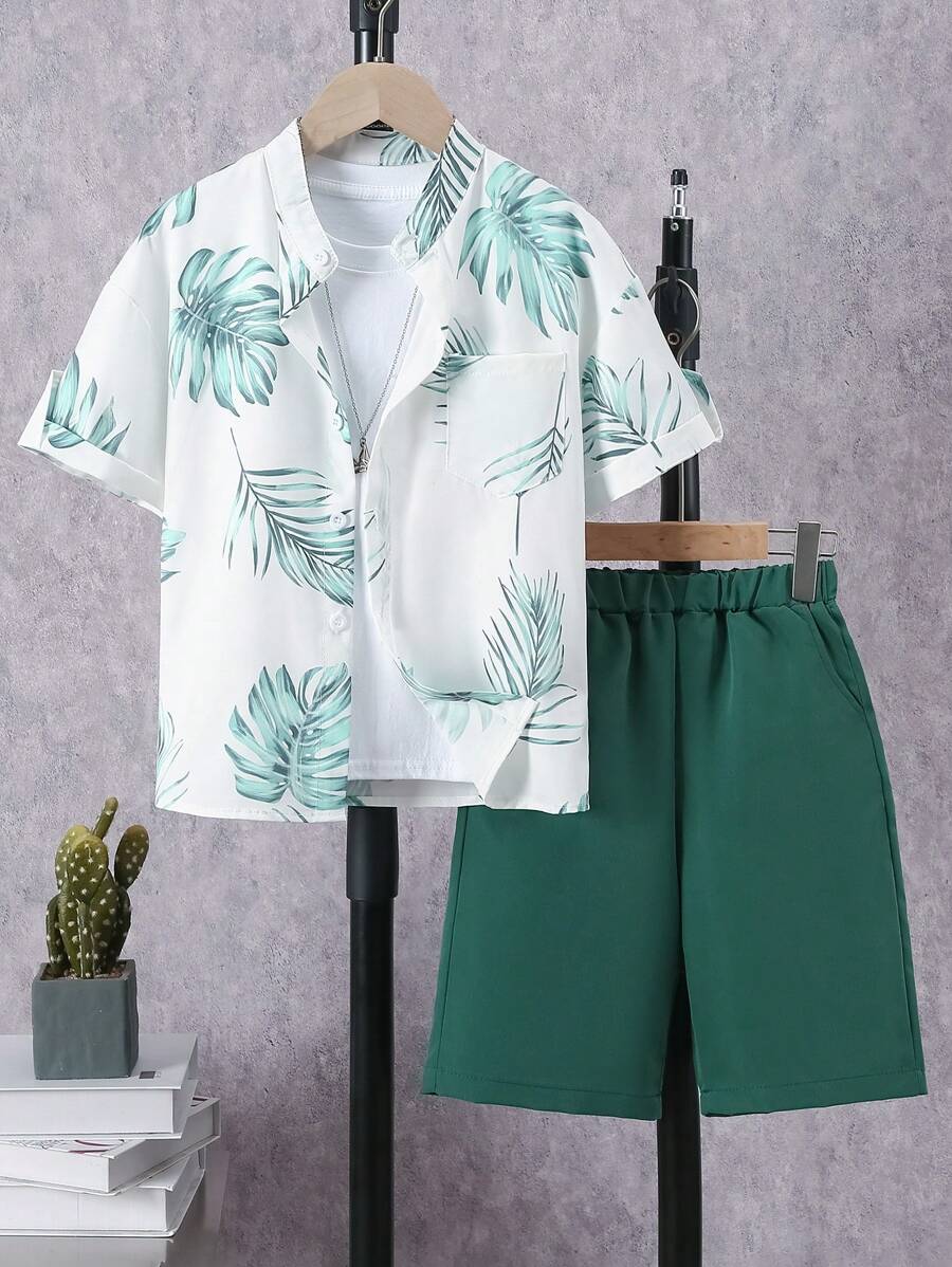 2 件套男童树叶印花爷爷领衬衫和纯色休闲短裤夏季服装 - 彩色 - 查看 1