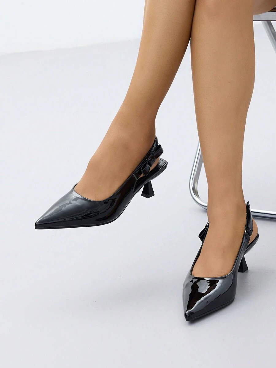 Women's Pointed Toe Stiletto High Heel Slingback Shallow Pumps, Patent Leather, Breathable, Spring/Summer Casual Work Shoes, Bow Decor