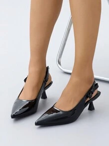 Women's Pointed Toe Stiletto High Heel Slingback Shallow Pumps, Patent Leather, Breathable, Spring/Summer Casual Work Shoes, Bow Decor