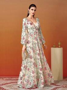 Sequin Embroidered V-Neck Lantern Sleeve Evening Gown Elegant Long Sleeve Formal Prom Wedding Guest Dress, For Graduation, Dinner Party Dress - Apricot - View 7