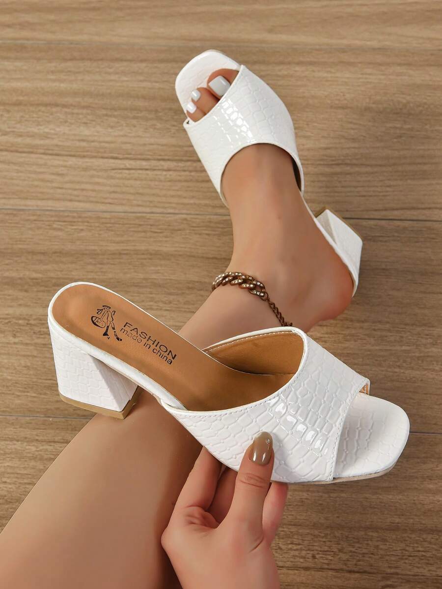 女士高跟凉鞋，时尚奢华软皮性感舒适粗跟露趾石纹女士正装凉鞋 - 白色 - 查看 1