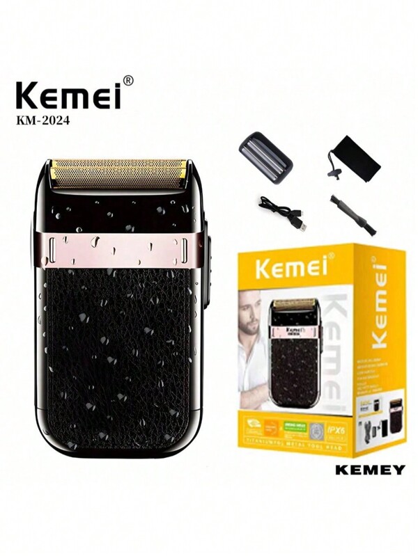 Kemei Kemei Barbeador elétrico à prova d'água masculino com lâminas duplas, barbeador elétrico recarregável sem fio, barbeador e aparador de pelos