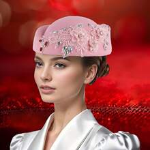 Women Vintage Church Hats Crystal Flower Applique Felt Pillbox Hats Fascinator Tea Party Hats
