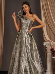 1 pièce Robe de soirée longue, élégante, à une épaule, avec sequins jacquard pour femmes Anymoon - Doré - Voir 5