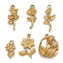 5 件 304 不锈钢 18k 镀金复古玫瑰吊坠项链手链带心形 DIY 配件，叶子吊坠 - 花 - 查看 2