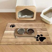 1pc Wood Grain Paw Print, Dog & Cat Small Animal Feeding Mat, Non-Slip, Water Absorbent & Stain-Resistant, Ideal For Cats - Pet Food &Water Bowl Placemat For Home Decor, Kitchen Floor Mats, Pet Accessories, Ideal For Pets
