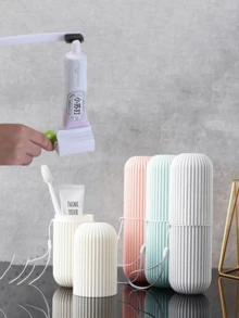 1pc Portable Travel Toothbrush Box Set, Wash Cup With Lid, With Toothpaste Squeezer,Toothpaste, And Toothbrush Storage Box Mouthwash Cup,Portable Oral Cleaning Set, Toothbrush Storage Box, White And Red Dust-Proof Toothbrush And Toothpaste Holder Set, Essential For Home Travel. - Multicolor - View 2