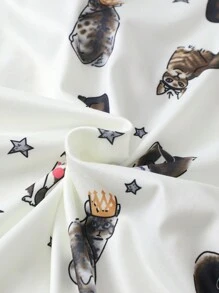 2 件套女士舒适月亮星猫印花睡衣，短袖上衣和松紧腰裤家居服，两件套 - 米色 - 查看 9