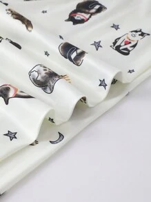 2 件套女士舒适月亮星猫印花睡衣，短袖上衣和松紧腰裤家居服，两件套 - 米色 - 查看 12